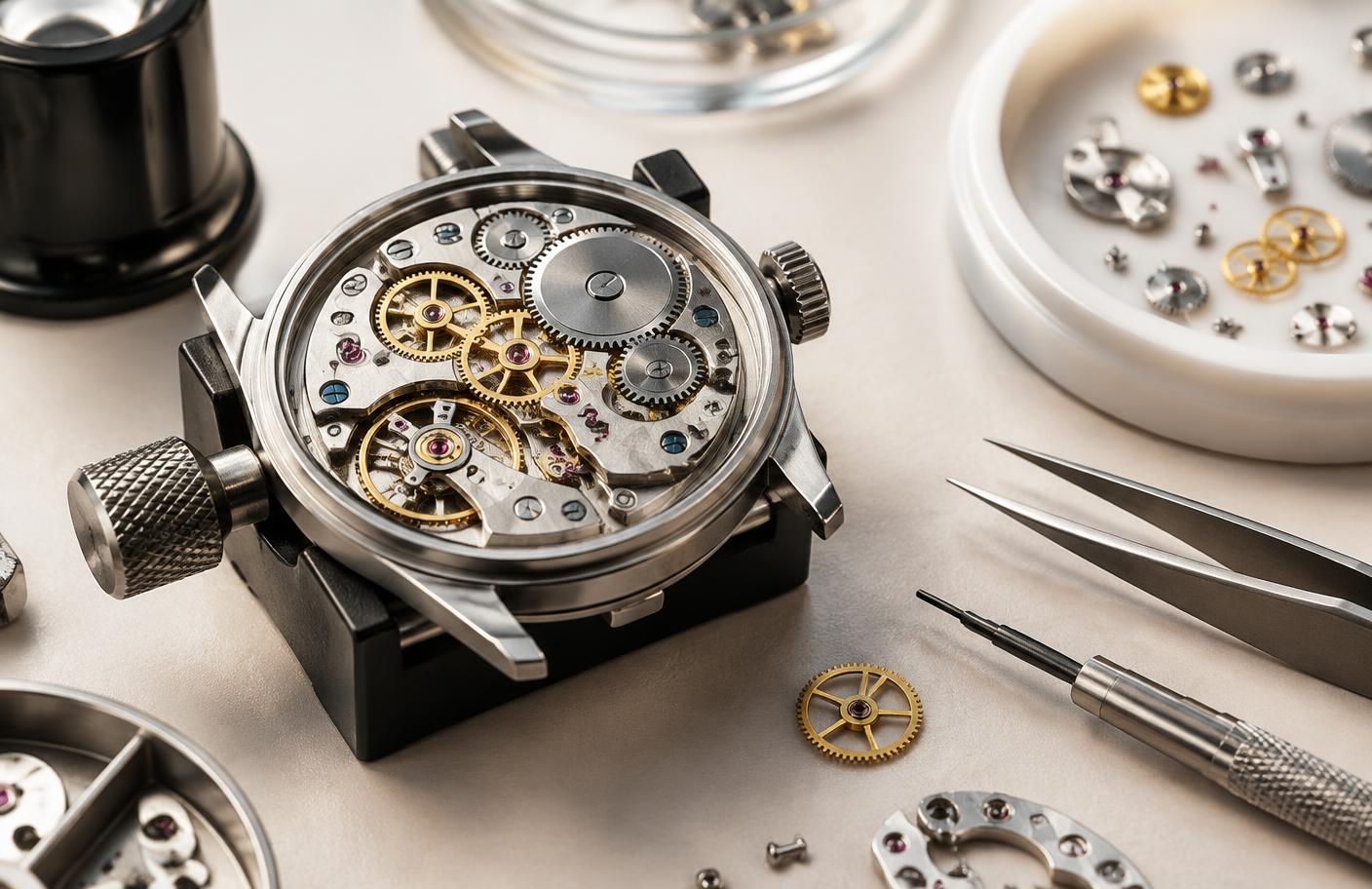 Close view of a mechanical movement on a professional watchmaker bench